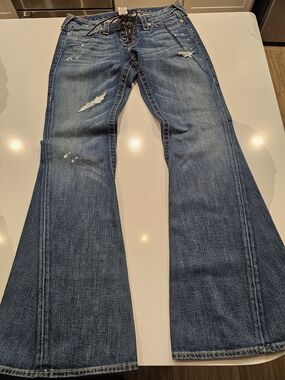 True Religion Lace-Up Flare Jeans in Distressed Blue